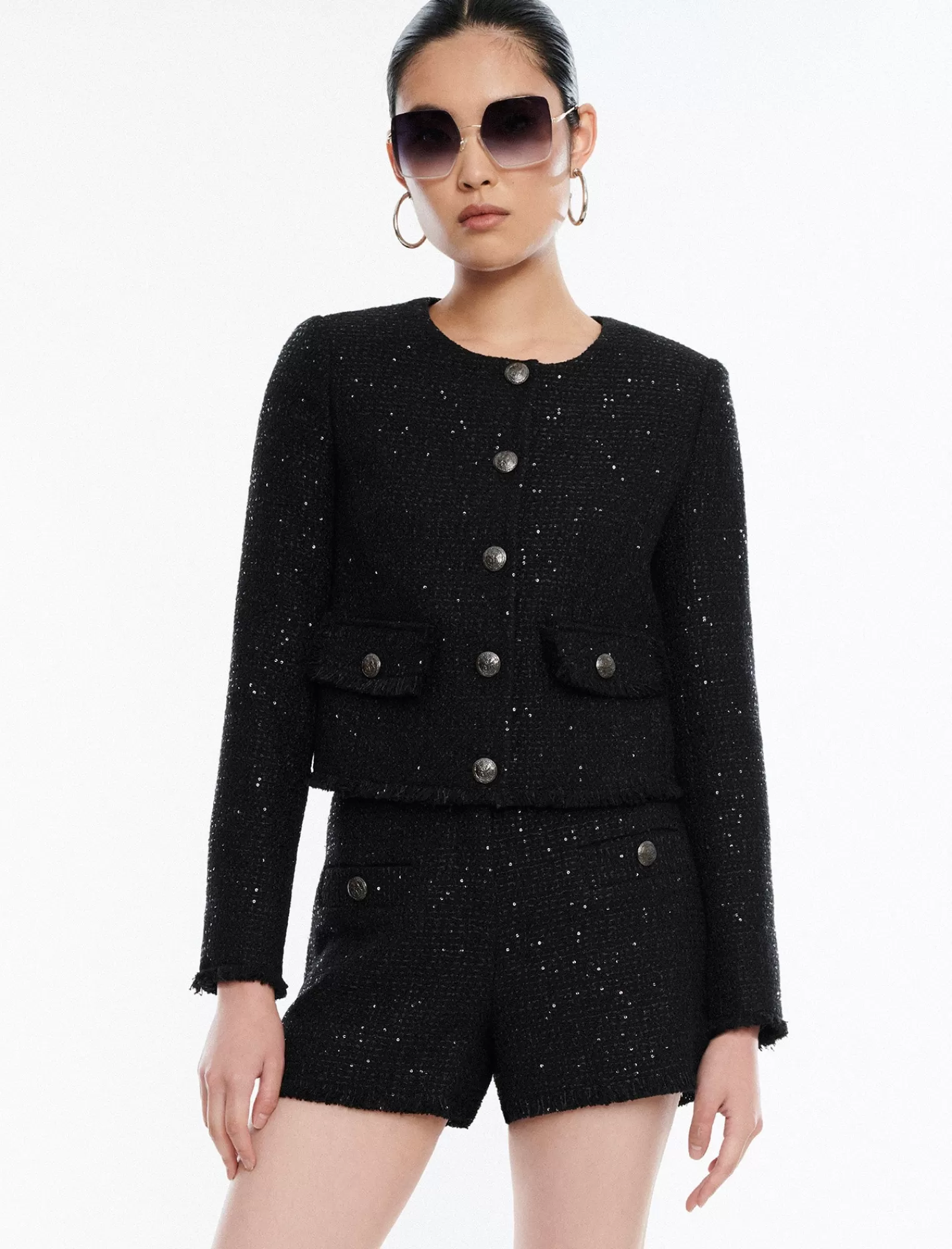 Shop BCBGMAXAZRIA Chaqueta De Tweed Daga Negro