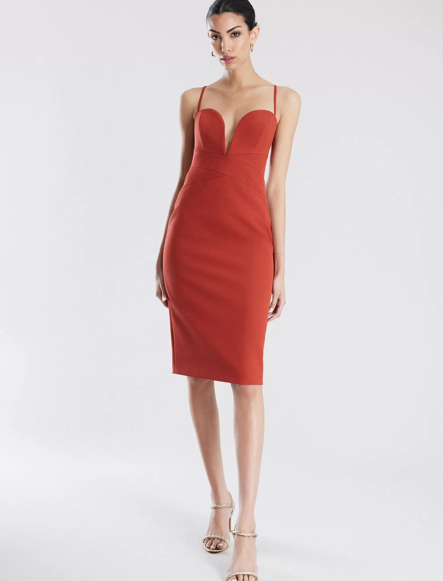 Fashion BCBGMAXAZRIA Kynlee, Vestido Midi Que Realza La Figura Ocre Rojo