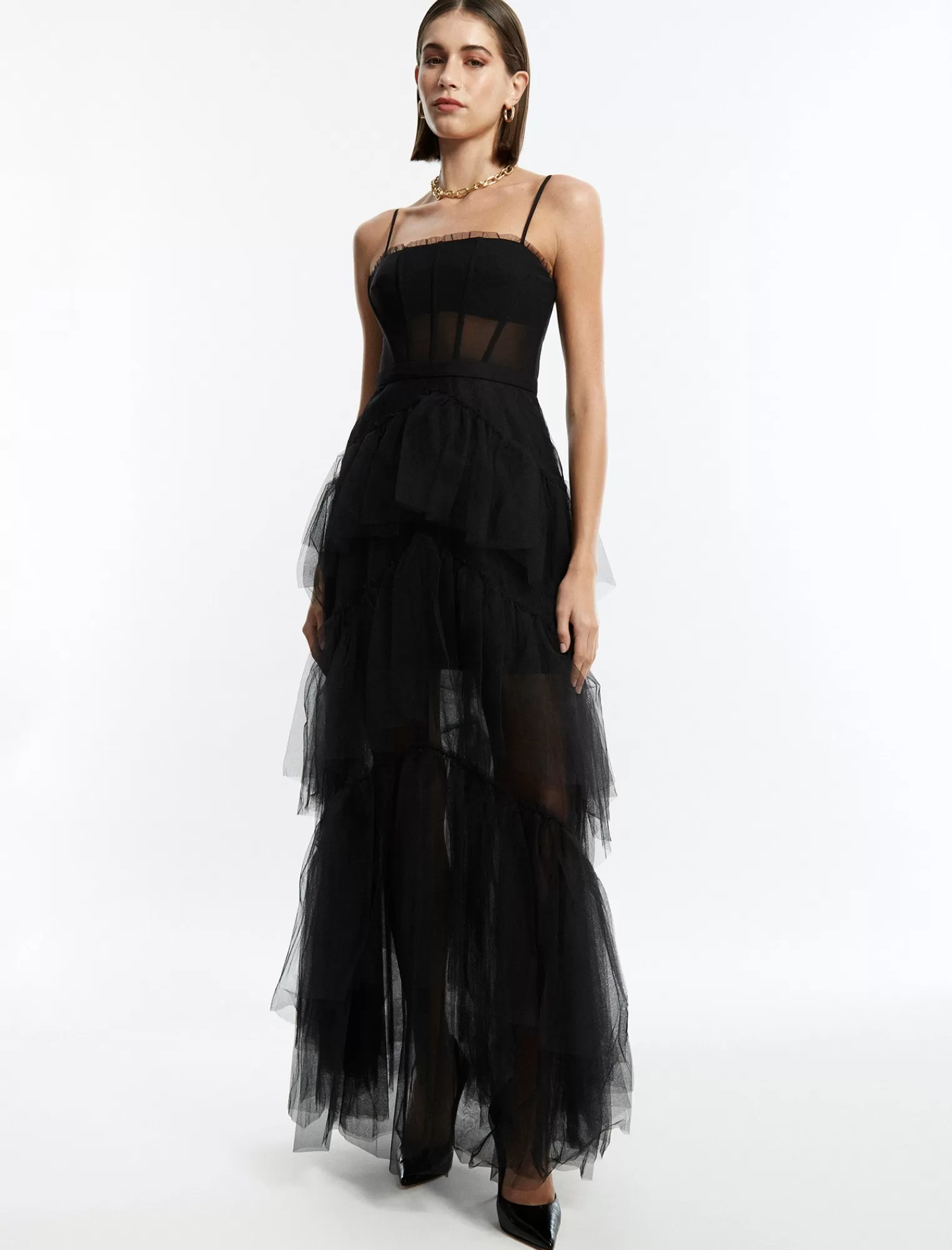 Sale BCBGMAXAZRIA Vestido De Noche De Tul Escalonado Con Volantes De Oly Negro