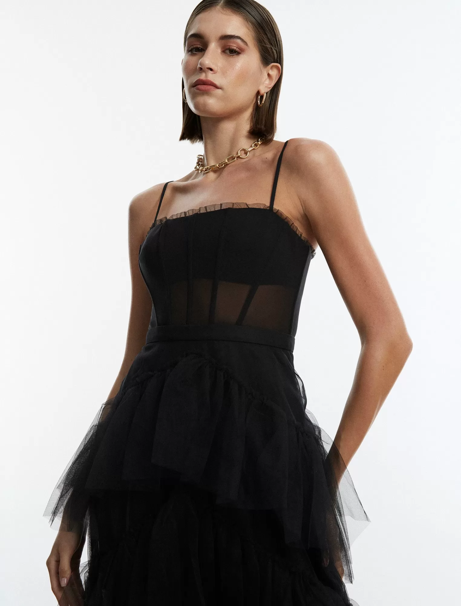 Sale BCBGMAXAZRIA Vestido De Noche De Tul Escalonado Con Volantes De Oly Negro