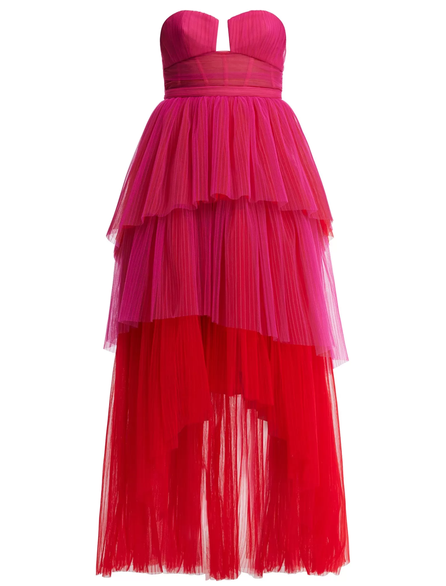 New BCBGMAXAZRIA Vestido Palabra De Honor De Tul Asimetrico "Flora". Frambuesa